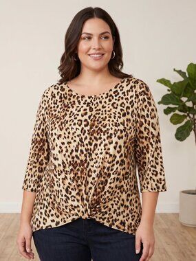 NWT Star Vixen Leopard Animal Print 3/4 Sleeve Knot Front Top 4XL